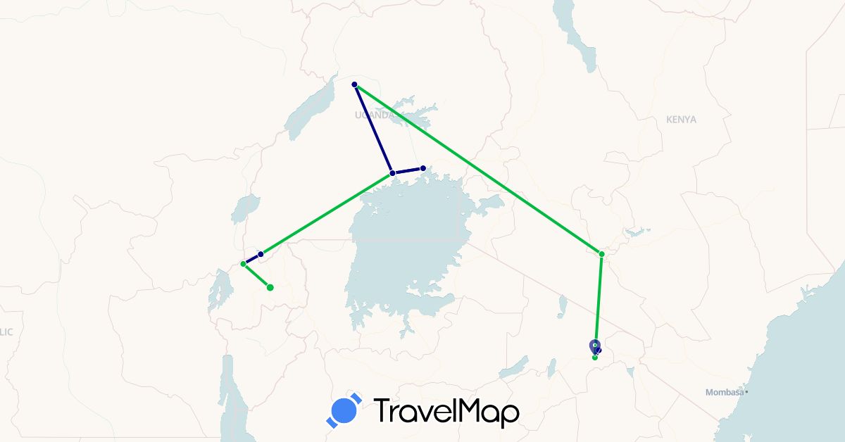 TravelMap itinerary: driving, bus in Kenya, Rwanda, Tanzania, Uganda (Africa)
